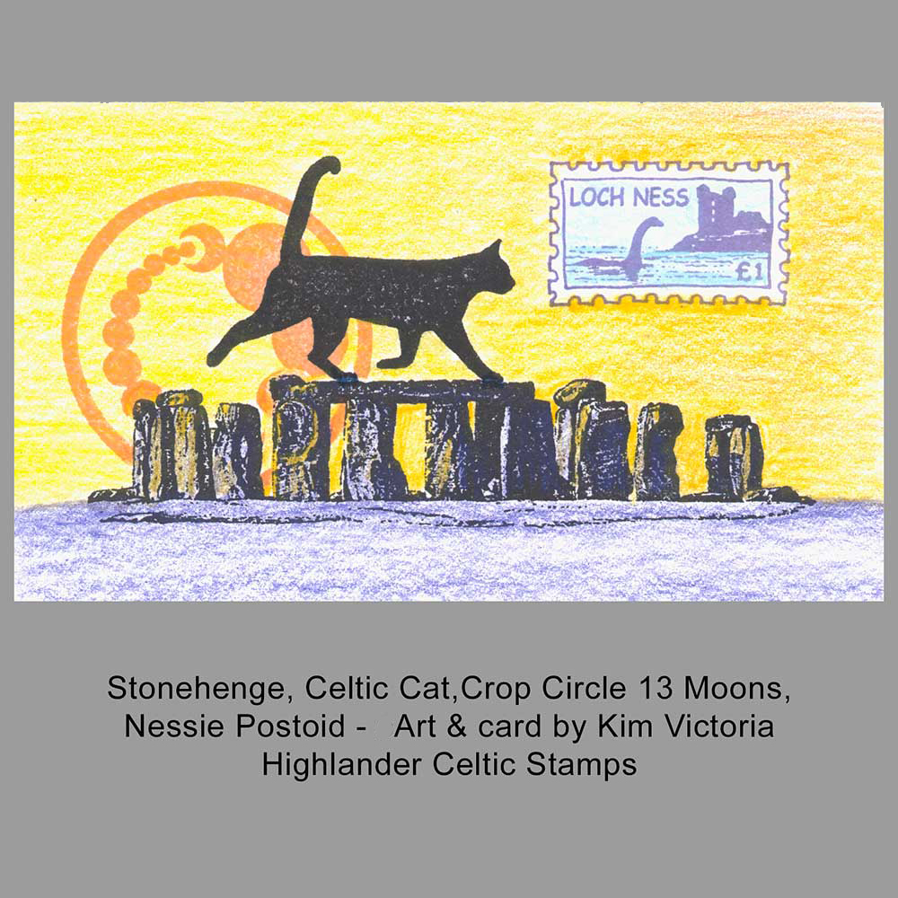 Cat on Stonehenge with Crop Circle moons rubber stamped card idea by Kim Victoria for HighlanderCelticStamps